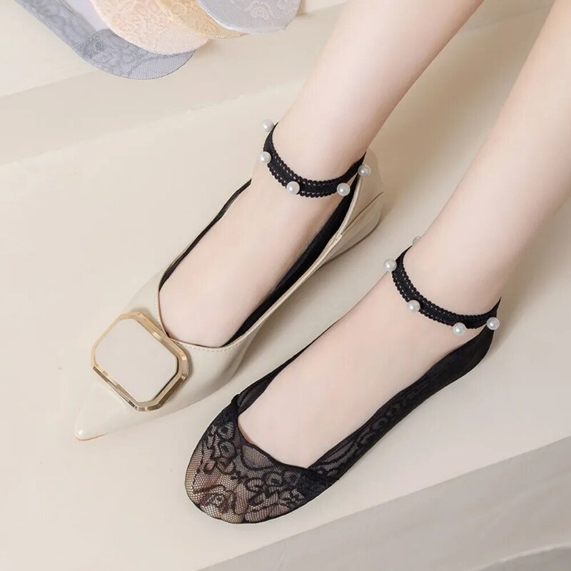 Fashion Hollow Lace Boat Socks With Bands Women Imitation Pearls Breathable Short Socks Summer Invisible Socks Accessories