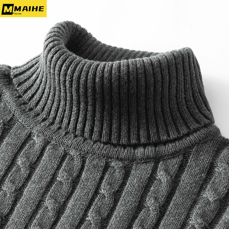 Suéteres de calidad para hombre, Jersey de punto cálido a rayas clásicas, suéter de cuello enrollado, elegante, ajustado, Otoño e Invierno