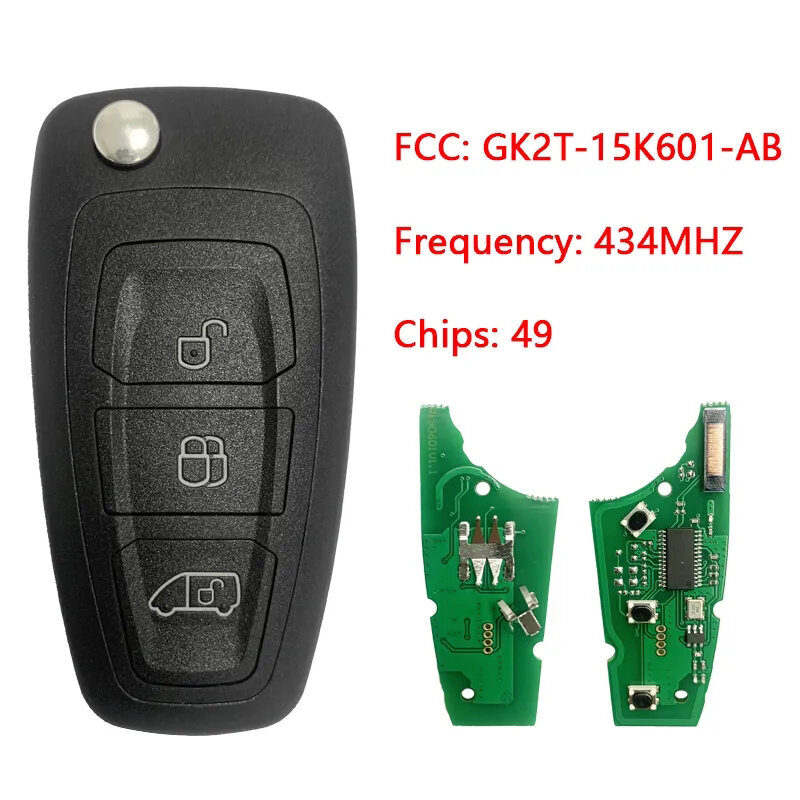 Chave remota com 3 botões ford transit cn018097, posterior, com chip 49 mhz, hitag pro, chip fccid