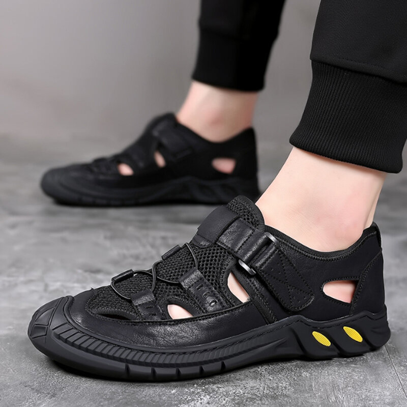 Air Mesh Men Sandals Summer Leather Mens Casual Shoes Outdoor Leather Sandals for Men Beach Shoes Roman Shoes Rubber Water Shoes