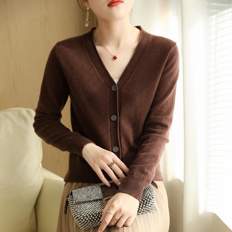 Cárdigan de punto para mujer, suéter con cuello en V, versión coreana nuevo abrigo, Top de lana suelto Simple, camisa fina que combina con todo, protector solar