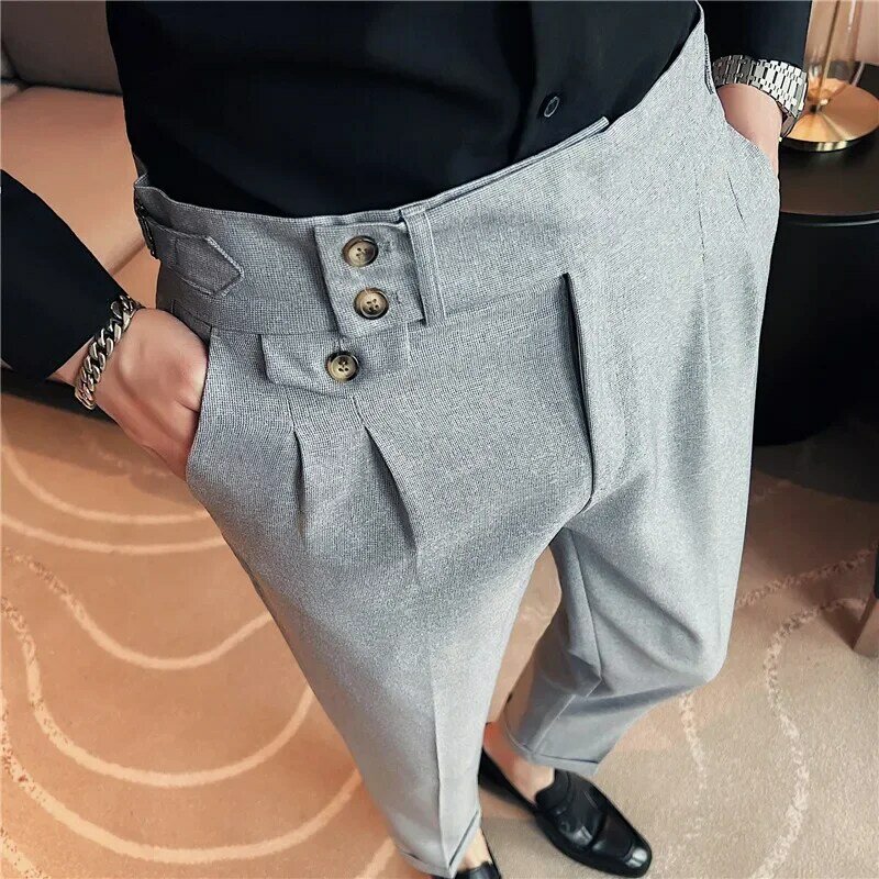 British Style Spring New Solid Business Casual Suit Pants High Waist Button Men Formal Pants High Quality Slim Office Trousers