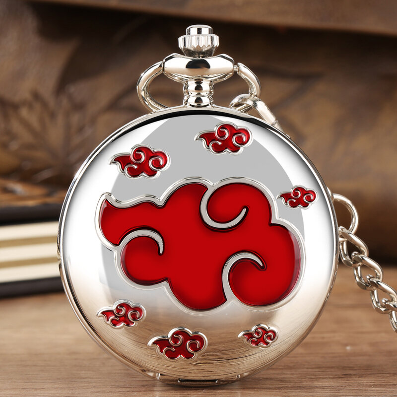 Srebrny, gładki czerwony Lucky Cloud zegarek kieszonkowy kwarcowy mężczyźni elegancki naszyjnik wisiorek zegar kobiety cyfra arabska Dial zegar Retro prezent
