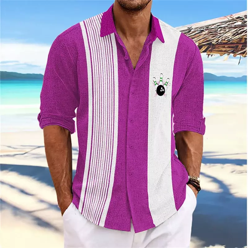 Fashionable 2023 Summer Hawaiian Shirts Bowling Retro Stripe Pattern Long Sleeve Men Lapel Shirts Vacation Men's Dress Shirts