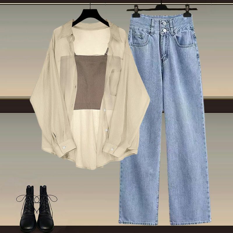 Conjunto de camisa anti-sol feminina e jeans emagrecedor, top emparelhado, conjunto versátil verão, conjunto de 3 peças, novo, 2024