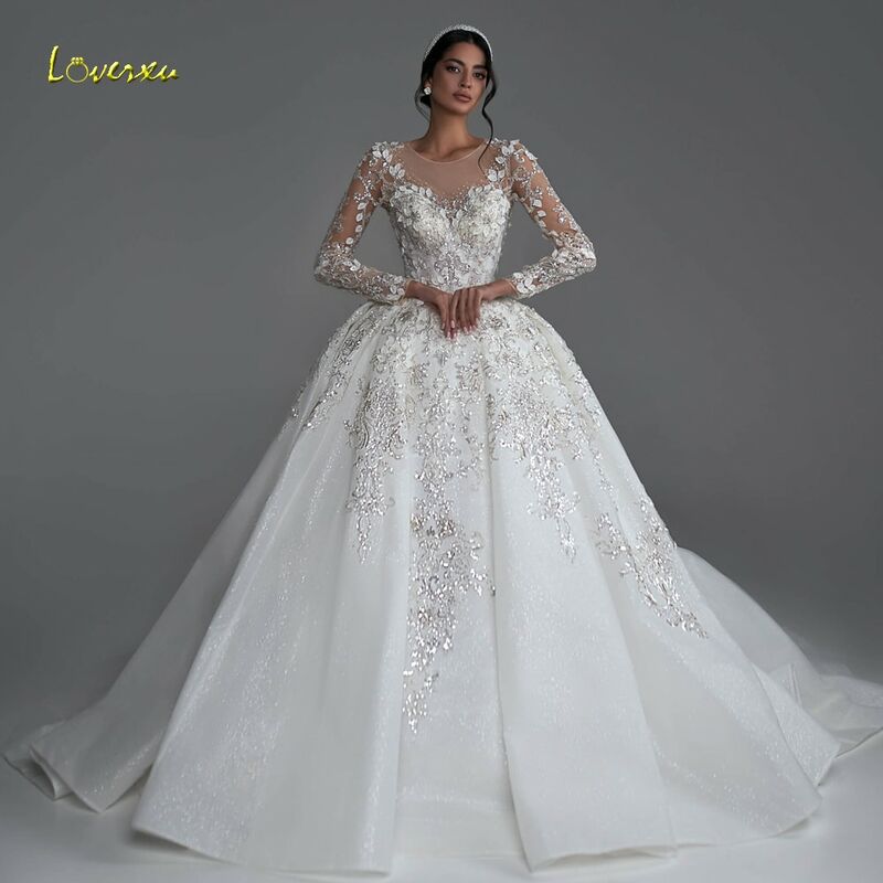 Loverxu 럭셔리 공주 웨딩 드레스, 2024 O-넥 긴팔 로브 드 마리 반짝이 레이스 비즈 볼 가운