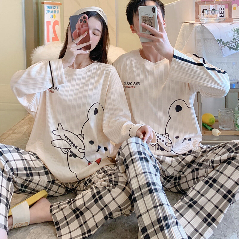 Pijama de algodão dos desenhos animados do dinossauro para casais, mangas compridas, terno de dormir, loungewear para homens e mulheres, pijamas para casa, plus size