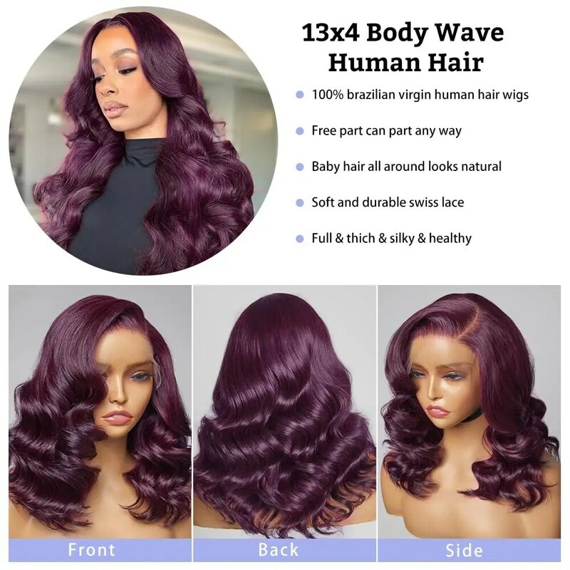 Deep Purple Body Wave Lace Front Wig Human Hair HD Transparent Lace Front Wig Water Wave Deep Purple Brazilian Human Hair Wigs