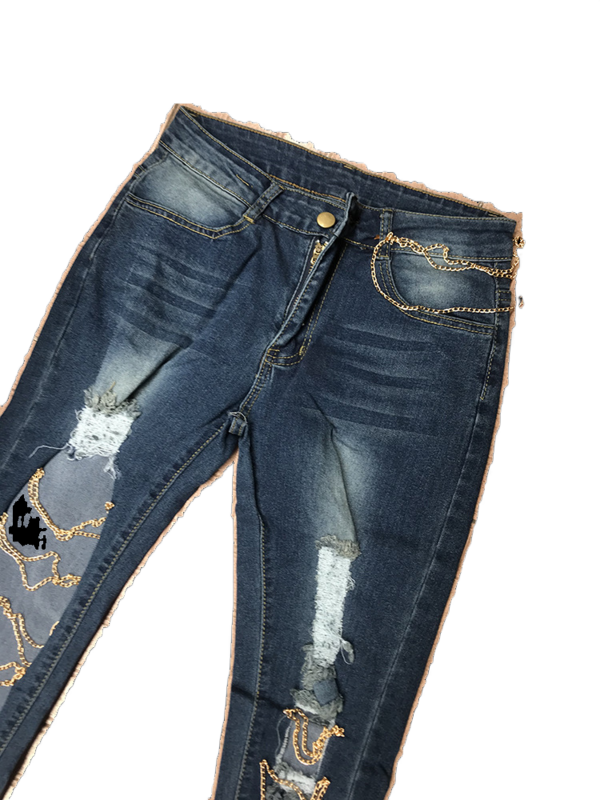 Летние пикантные эластичные брюки с цепочкой с отверстиями для небольших ног, джинсовые брюки, женские джинсы
