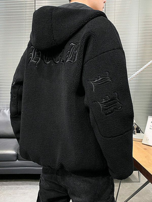 Winter Men's Parka Fleece Jacket Fashion Letter Embroidery Hooded Windbreaker Oversized Coat Men Casual Thicken Warm Jackets