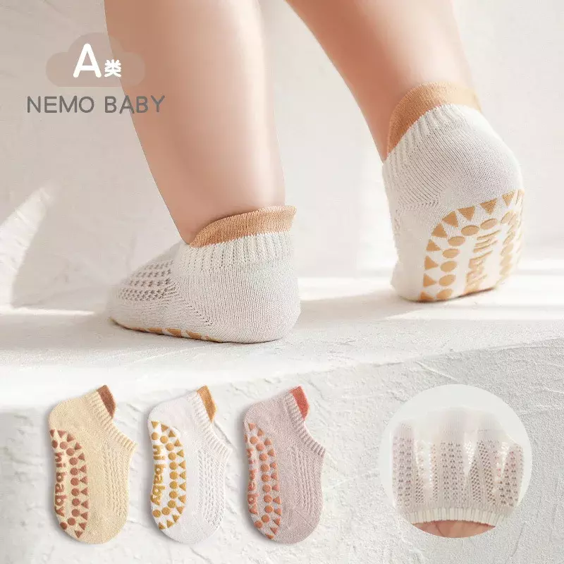 Летние носки для малышей, 3 пары, однотонные силиконовые Нескользящие носки для пола, сетчатые дышащие тонкие носки для малышей в помещении