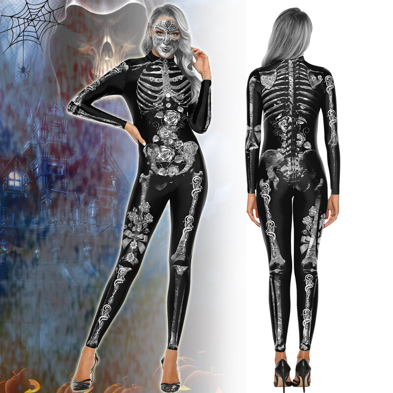 Traje de esqueleto assustador para mulheres, traje de Halloween, impressão 3D, traje elástico, macacão de desempenho, osso do crânio