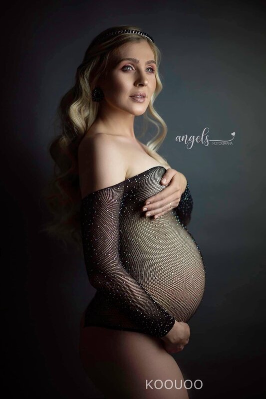 Melihat melalui Bodygestant fotografi ibu hamil Bodysuit lengan penuh leher potong transparan wanita hamil Bodysuit elastis