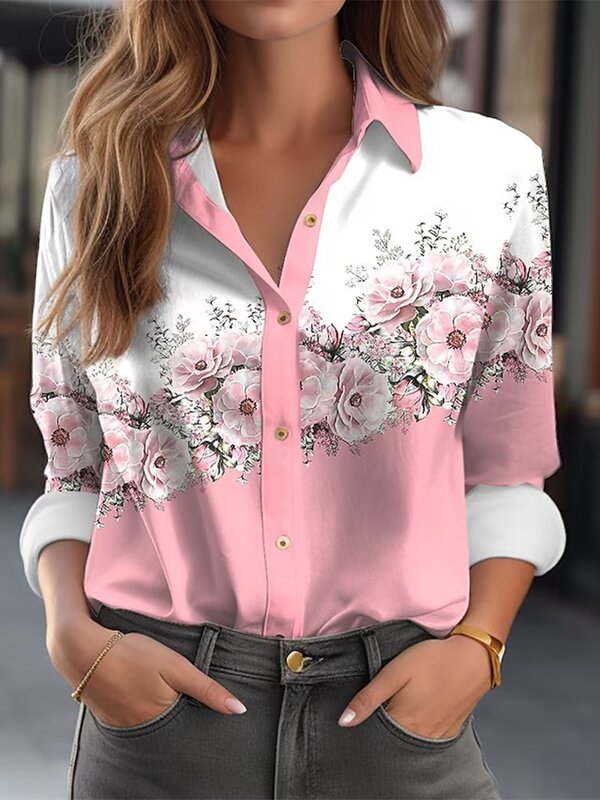 Camisa floral de manga comprida para mulheres, rosa, vermelha, estampada azul, botão, camisa casual da moda, blusa primavera, tops de outono, moda 2024