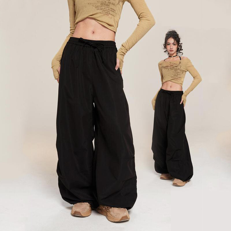 Amerikanische trend ige lose breite Bein Workwear Hosen Frauen solide elastische hohe Taille Kordel zug Taschen Frühling lässig gerade Hose