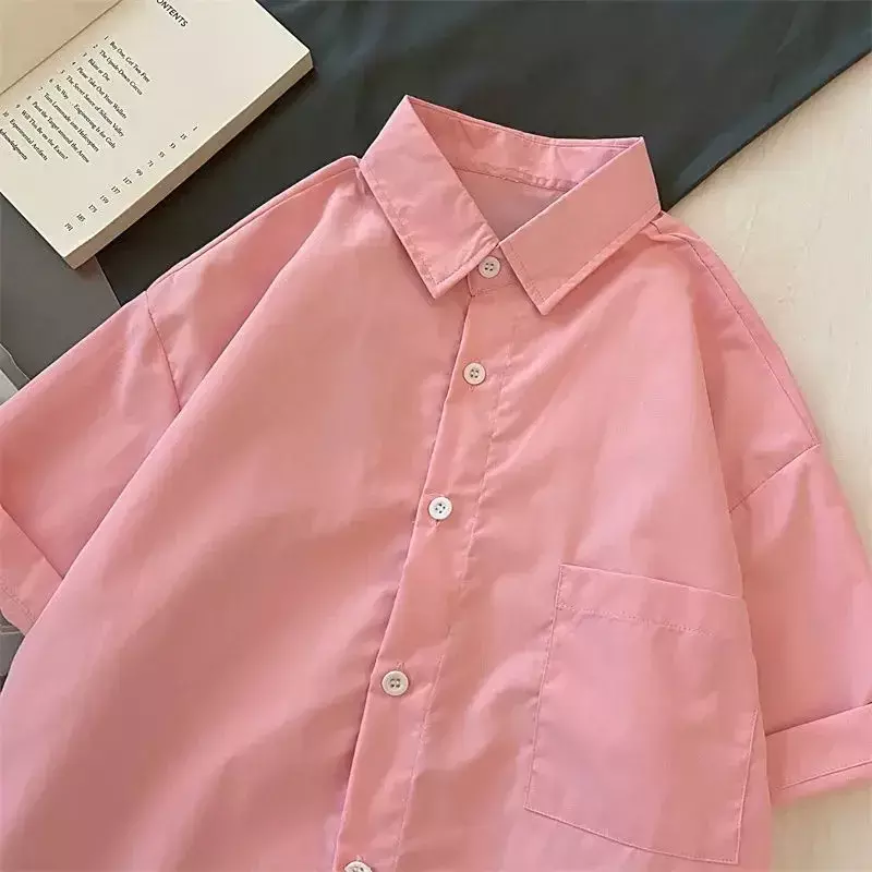 Рубашка женская оверсайз однотонная с коротким рукавом, милый Повседневный универсальный базовый топ в японском стиле, карамельные цвета, однотонная, на лето