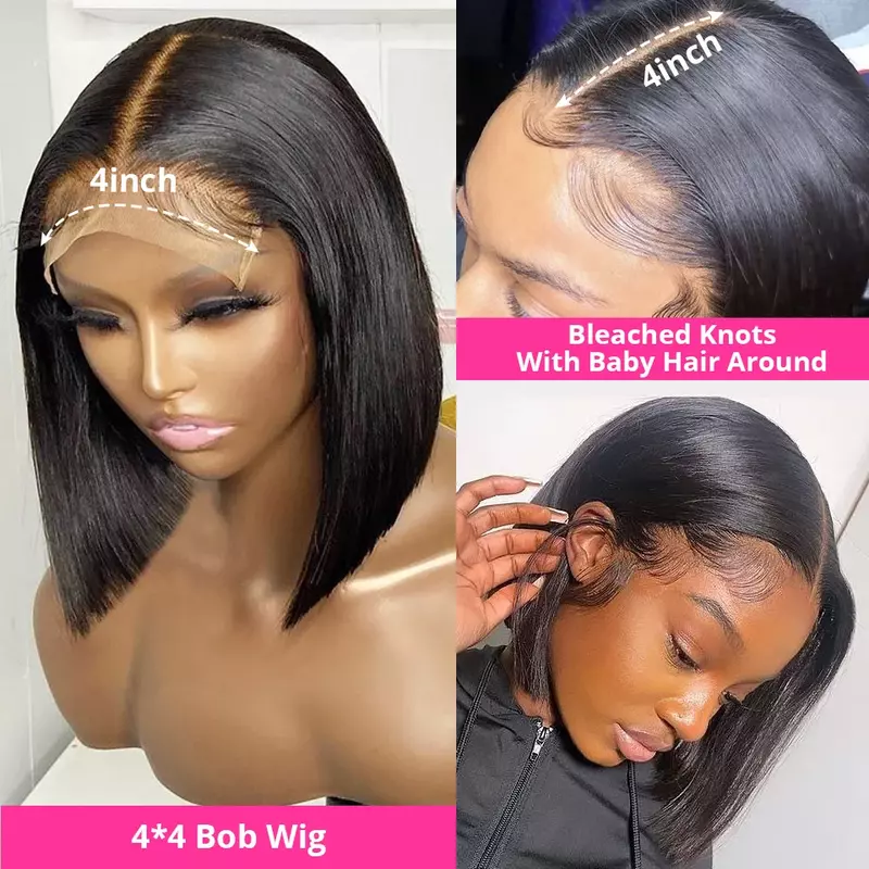 13x4 HD 4x4 Closure Straight Short Bob Hair Wig Human Hair Brazilian Lace Front Wig Transparent  Lace Frontal Wigs For Women