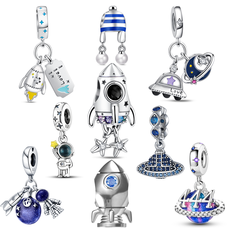 925 Sterling Silver Galaxy Pendant Charms, apto para pulseira Pandora original, jóias, espaço, amor, foguete, nave espacial, astronauta, UFO