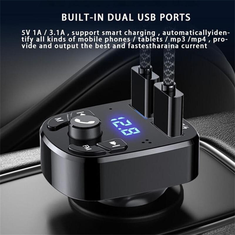 Car MP3 Player Transmissor Fm Sem Fio Bluetooth 5.0 Redução de Ruído Receptor De Áudio Car Kit Handfree Dual Usb Car Carregador Rápido