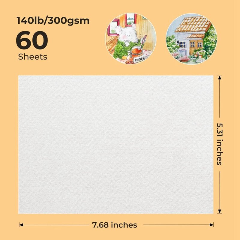 60 fogli di carta per acquerello carta bianca sfusa senza acidi pressa a freddo 50% cotone 140Lb /300Gsm (7.68X5.31 pollici)