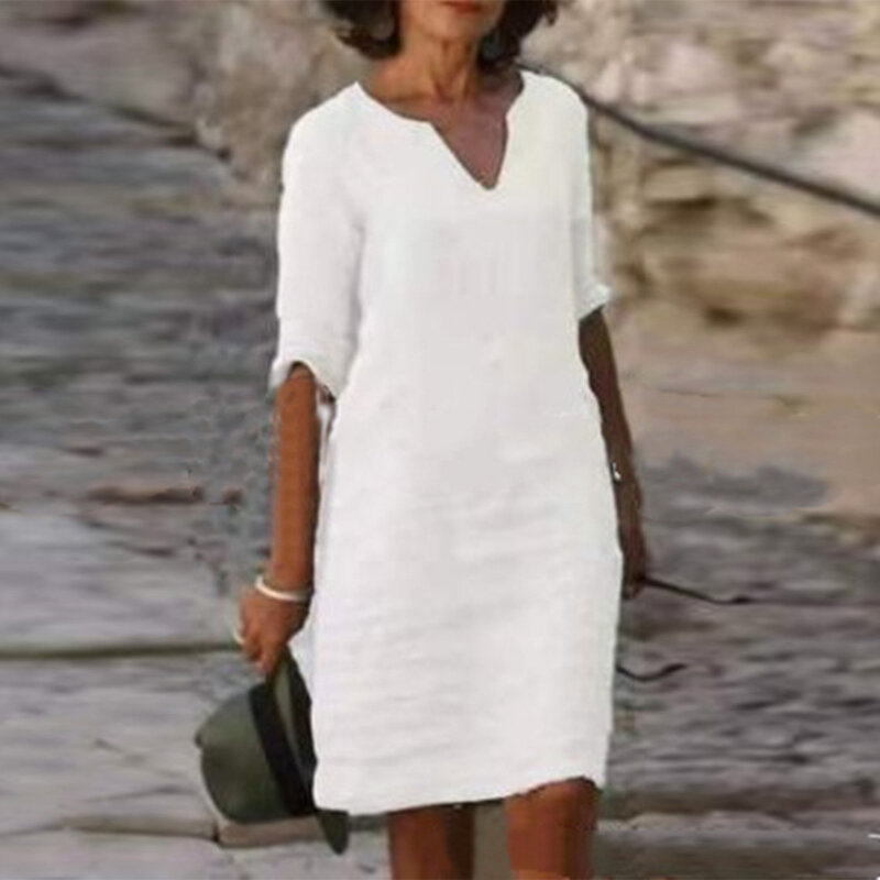Vestido boho retrô feminino, tamanho plus praia de verão, gola V, algodão de linho, comprimento médio, manga média, vestido sólido, 2023