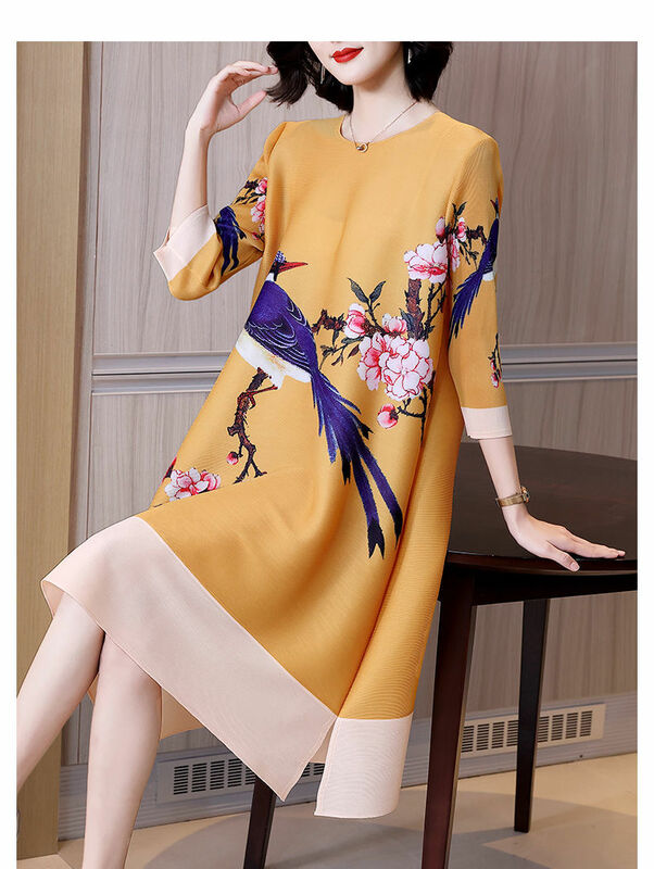Noble temperament pleated dress 2023 spring new fashion ethnic wind printed qi aged big size long sleeve o neck dress skirt