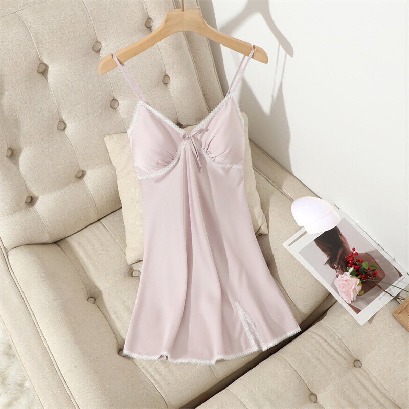 Sexy Backless Lace Mini Nightgown Nightgown Sleepwear Intimate Lingerie Loose Satin Home Wear Summer Female Spaghetti Strap