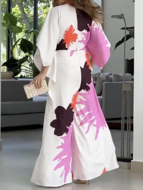Bohohipei 2024 nowy brytyjski styl z nadrukiem eleganckie kombinezon z szerokimi nogawkami wiosna lato z długim rękawem w serek casualowe kombinezony dla kobiet