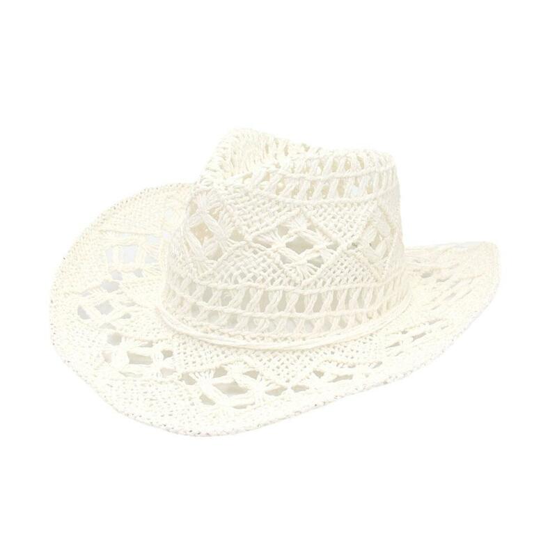 Musim panas luar ruangan Pria Wanita tenunan tangan barat koboi topi jerami topi Jazz bernapas topi matahari penuh perlindungan lebar pantai N1E7
