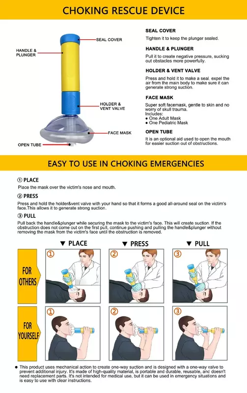 PortableUpgrade Kit di pronto soccorso per bambini AdultsChoking dispositivo di aspirazione Anti Choke Vac salvavita di emergenza