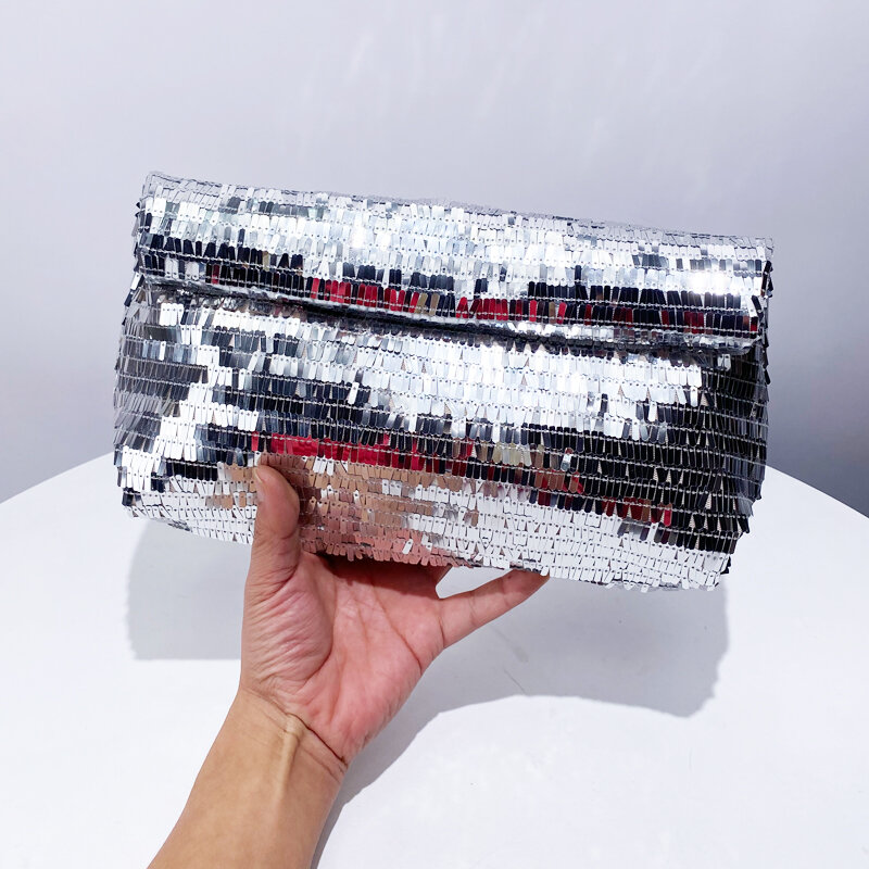 Silver Sequin Evening Clutch Party Messenger Bag For Women Luxury Designer Handbag Purse 2024 New In Fashion Shiny Money Wallet