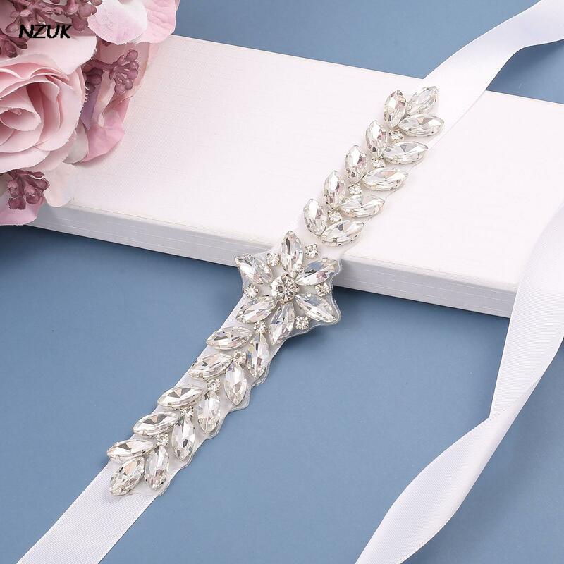 NZUK-Cinturón de boda daimony, faja nupcial con flores de cristal, diamantes de imitación plateados, faja de boda para vestidos de dama de honor, cinturón de novia