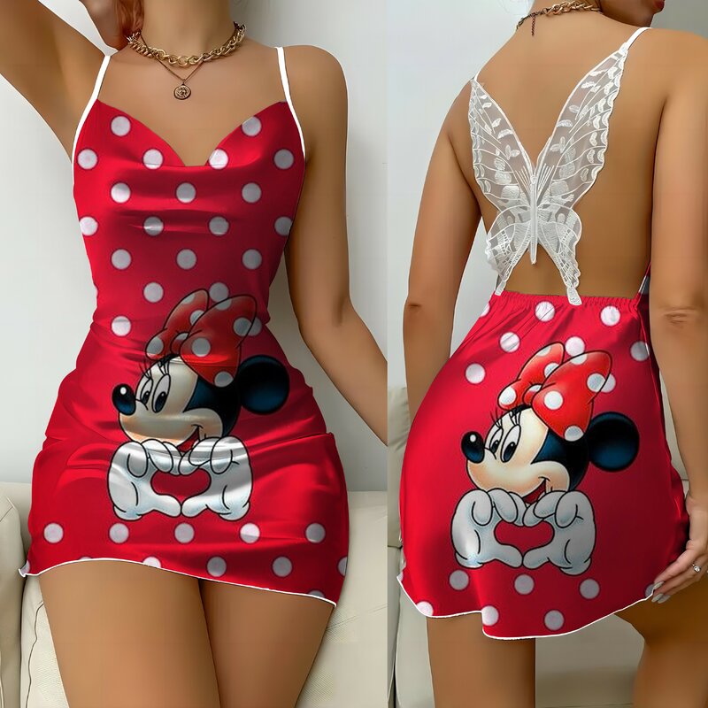 Gaun rumah wanita gaun Mini Mouse Disney Mickey Satin permukaan piyama rok pita kupu-kupu mode Musim Panas 2024 pesta Mini seksi baru
