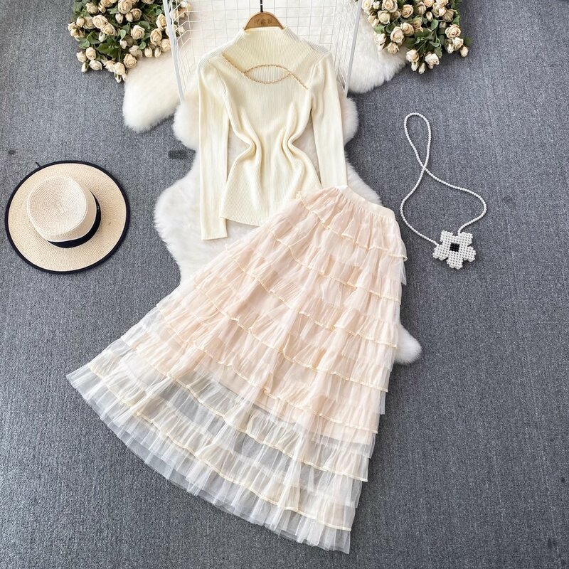 Autumn Winter Christmas Two Piece Knitted Sets Beading Stand Collar Short Sleeve Top + Ball Gown Skirt Woman Sets Suits M69521