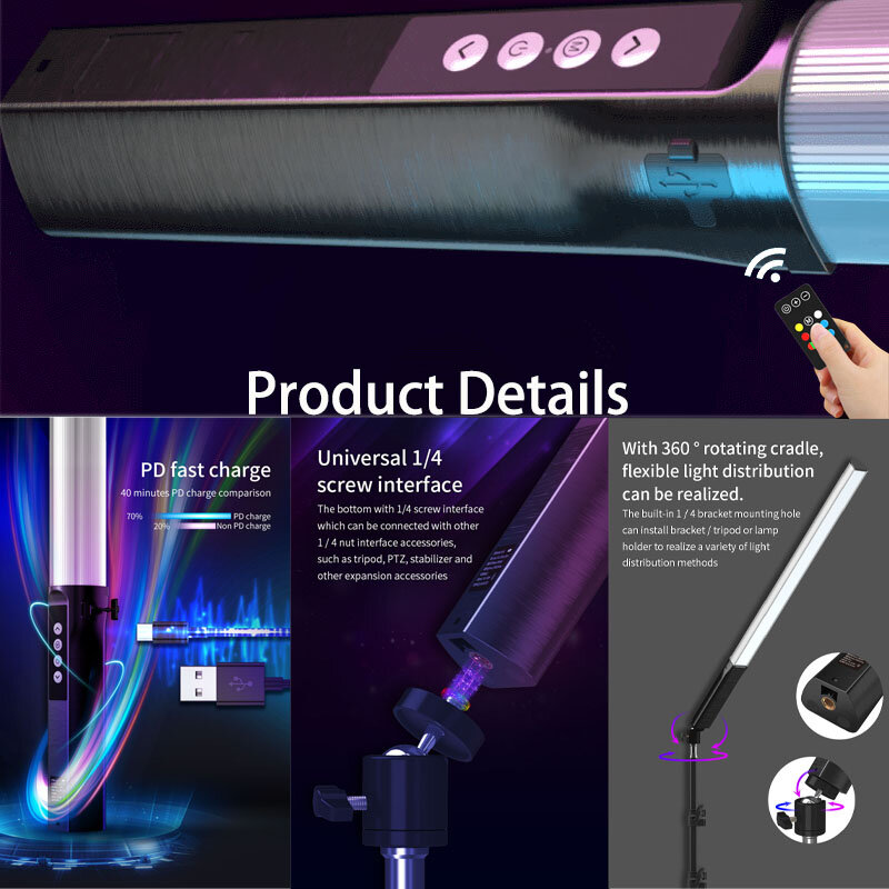 Yzoomg LED 충전식 원격 제어 RGB 사진 튜브, 풀 7 컬러 라이트 로드, 360 도 회전 헤드, 야외 브이로그 라이브 촬영