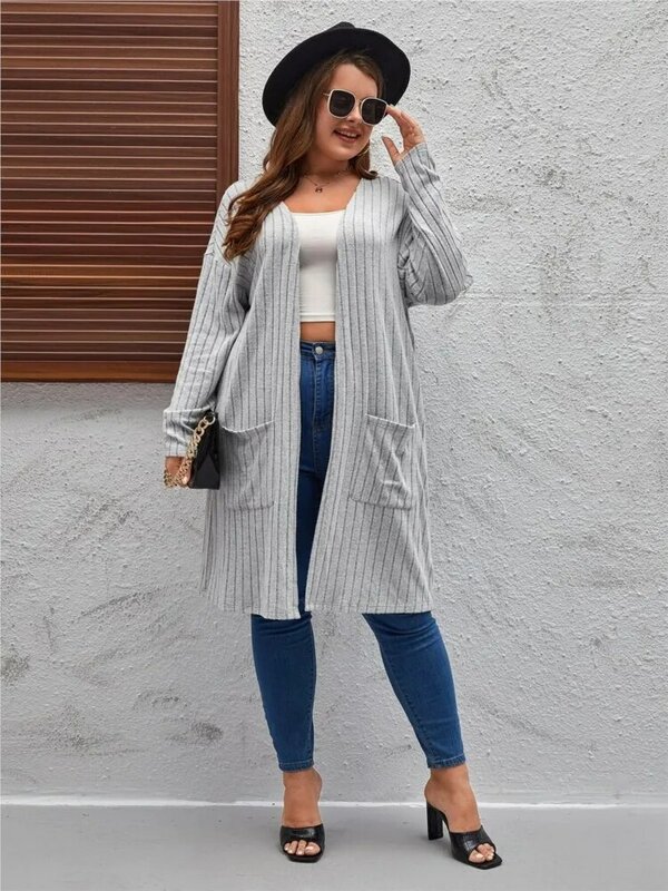 Plus Size Spring Autumn Midi Knitted Cardigan Women Casual Fashion V-Neck Ladies Cardigan Long Sleeve Loose Woman Sweater Coats