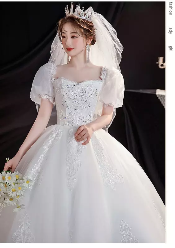 Elelgant Women's White Lace Wedding Dress A Line Bridal Gown with Appliques Slim Waist Robe De Novia