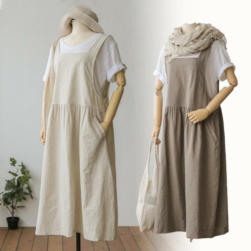 2023 New Summer Dress Ladies Dress Plus Size Cotton Linen Women Tank Vestidos Sleeveless Robe Dress Pockets Clothes