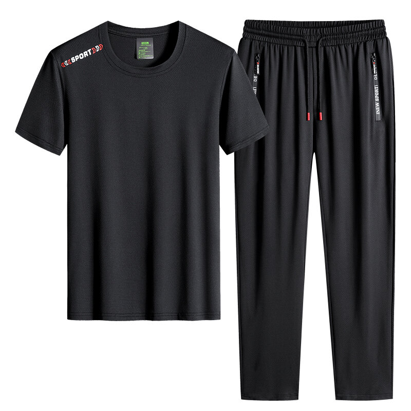 Do biegania Quick-dry z krótkim rękawem zestaw dla mężczyzn lodowy jedwab 3-sztuka zestaw dres dla mężczyzn, w tym krótkie spodenki koszulka i spodnie dresowe (20 stylów Opt)