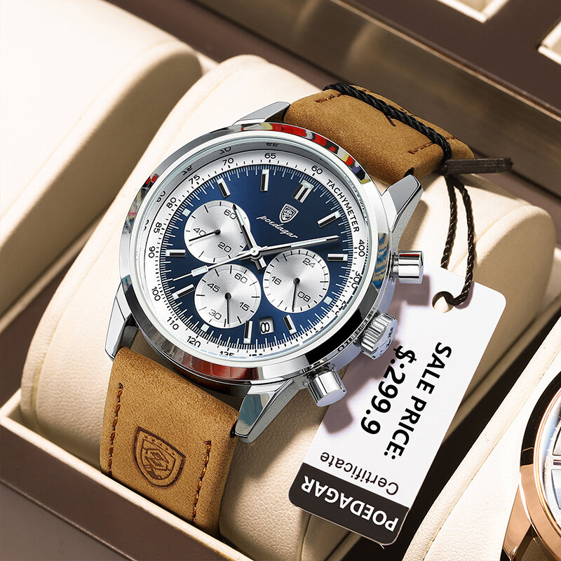 POEDAGAR-Relógio quartzo de couro impermeável masculino, cronógrafo luminoso, relógio de pulso de luxo, relógio casual de alta qualidade