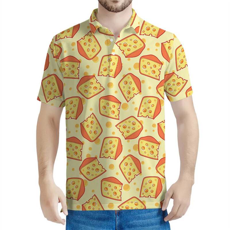 Polo de queso de dibujos animados para hombres, camisetas de manga corta sueltas de calle, camiseta con solapa de botón de comida impresa en 3d, Tops casuales de verano