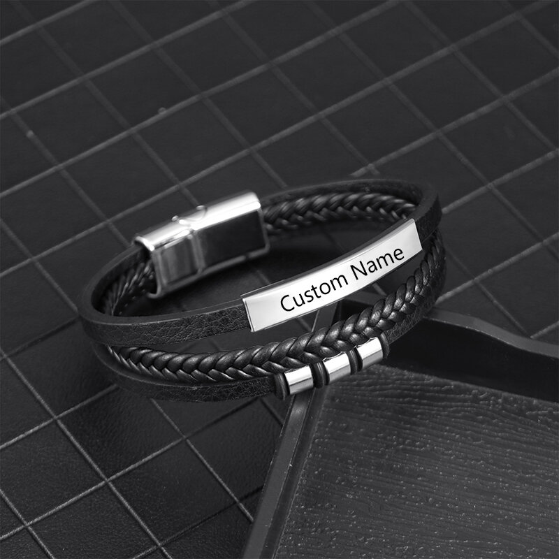New Custom Name Braided Leather Cuff Bracelet Personalized Stainless Steel Bangle Men's Charm Wristbands Boyfriend Gift Jewelry