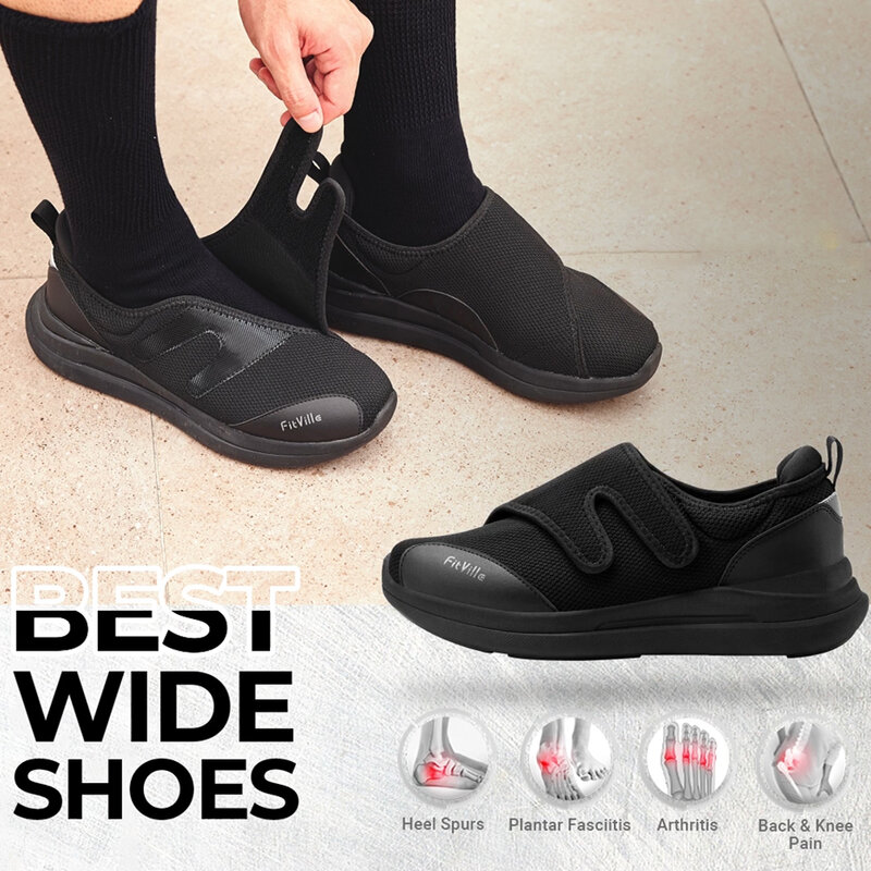 FitVille zapatos para diabéticos para hombres, zapatos informales Extra anchos para caminar para pies hinchados, ortopédicos ajustables con amortiguación de soporte de arco