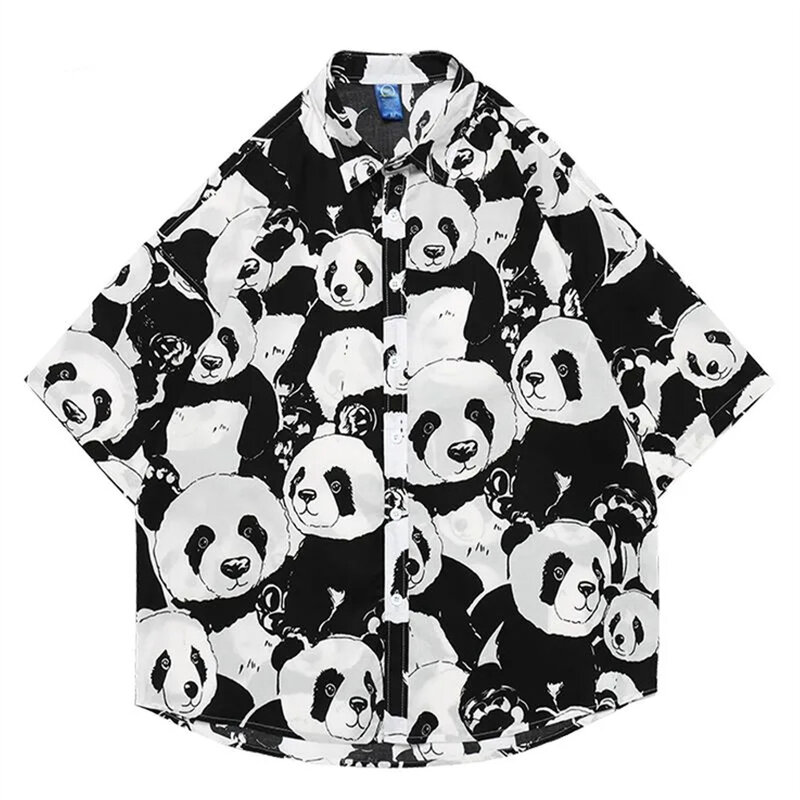 Sommer Spaß Panda Voll druck Kurzarmhemd männliche Modemarke Hip Hop lose lässige halbe Ärmel Blumen hemd