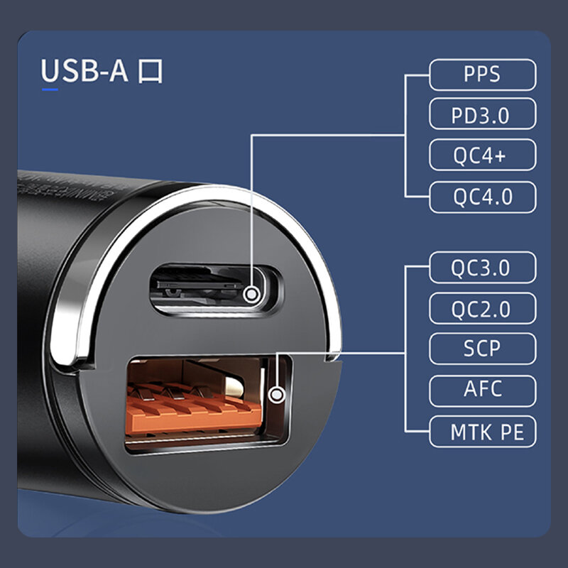 Mini USB tipo C carregador do telefone do carro, carregamento rápido mais leve, iPhone QC3.0, Xiaomi, Samsung, Huawei, 100W