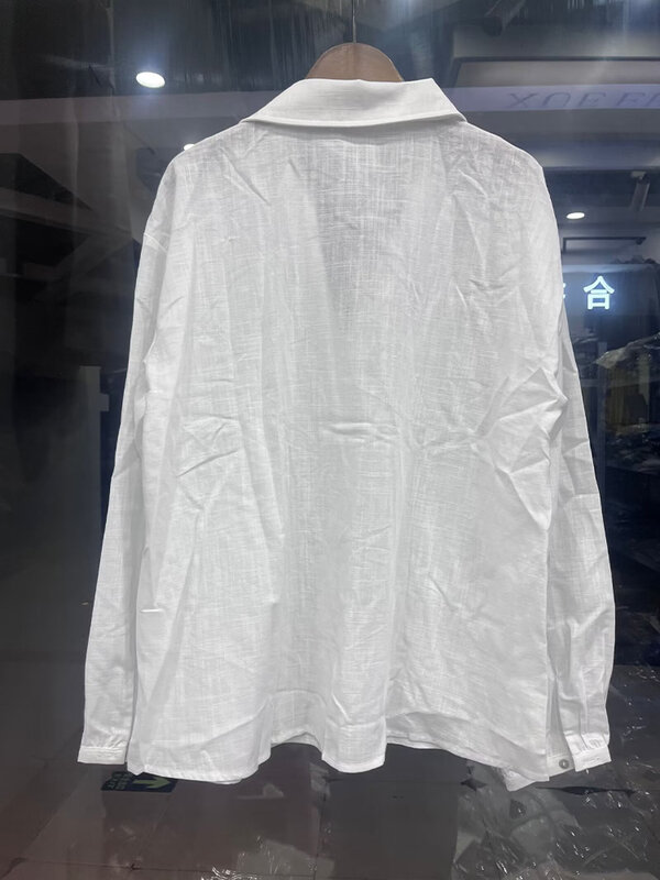 Camisa holgada de lino para mujer, camisa de manga larga con cuello tipo POLO, TRAF-2024 Verano Nuevo Chic, vintage Tops de camisa Puños elásticos blancos