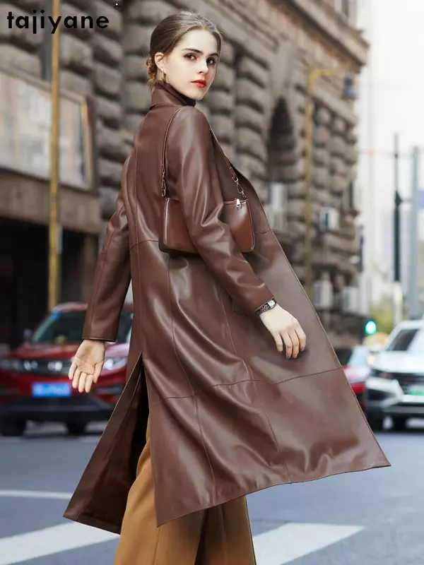 Tajiyane-女性のための本物のシープスキンレザージャケット、エレガントなロングウインドブレーカー、本物の革のコート、新しいファッション