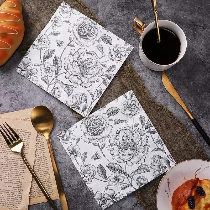 ใหม่ผ้าเช็ดปากกระดาษพิมพ์ลายดอกกุหลาบสีดำและสีขาวกระดาษเช็ดปากพิมพ์ลายสีดำผีเสื้อทำด้วยมือวัสดุ DIY กระดาษ20แผ่น