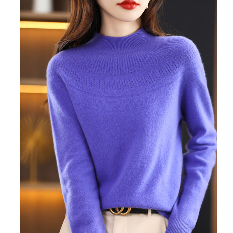 Autumn and Winter 100 Pure Wool Sweater Women's Semi-High Collar Hollow First Line Ready-To-Wear Solid Color Cashmere Sweater Lo