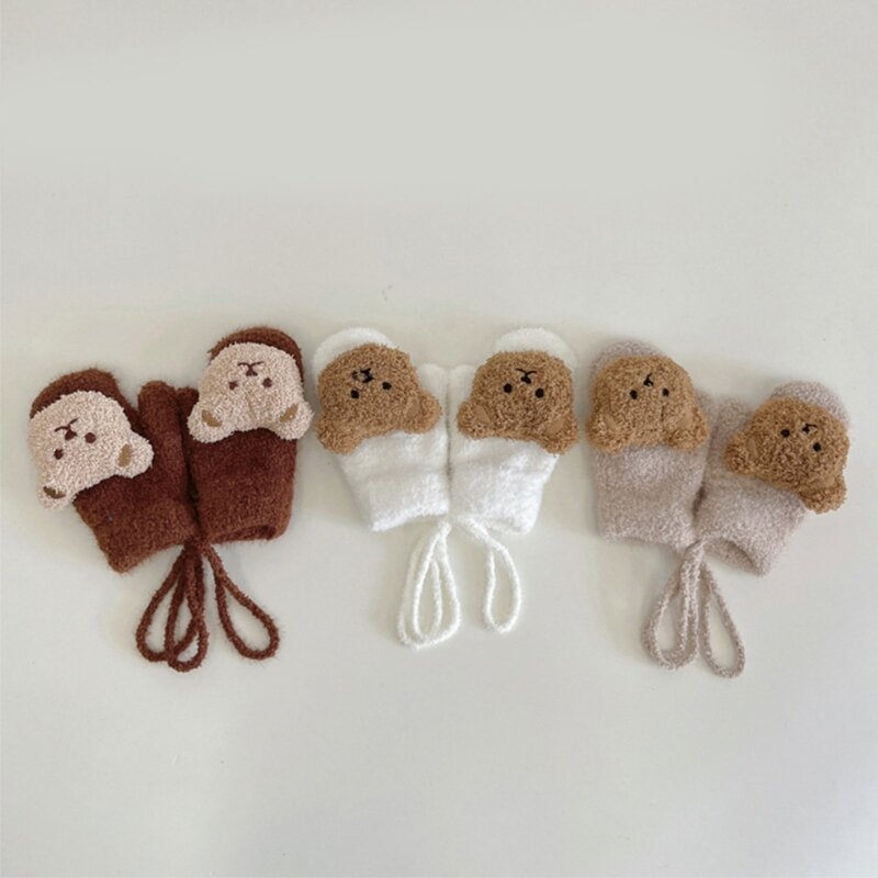 Winter Warm Baby Gloves Cartoon Bear Baby Girls Boys Mitten Knitted Thicken Lining Windproof Hand Guard Gloves For 1-4 Years